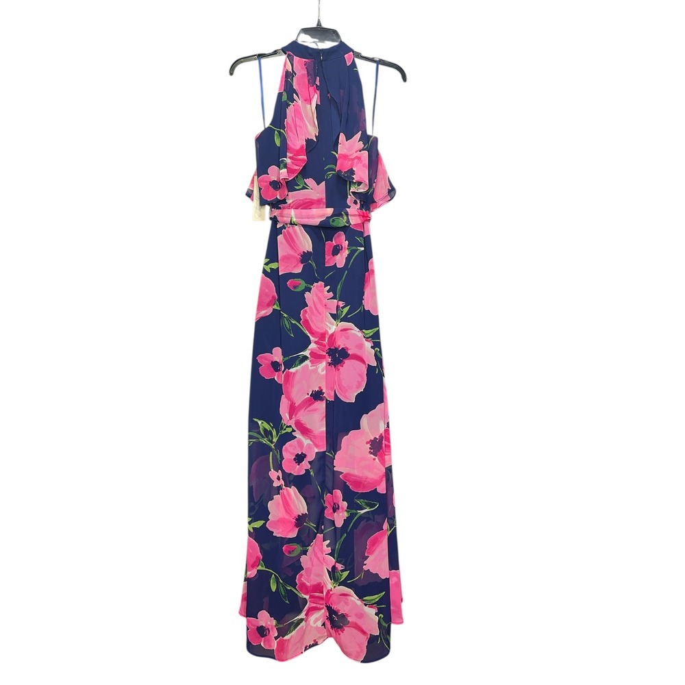 Eliza‎ J Maxi Dress Halter High Low Floral Pink Navy Sz 8 - Picture 3 of 8